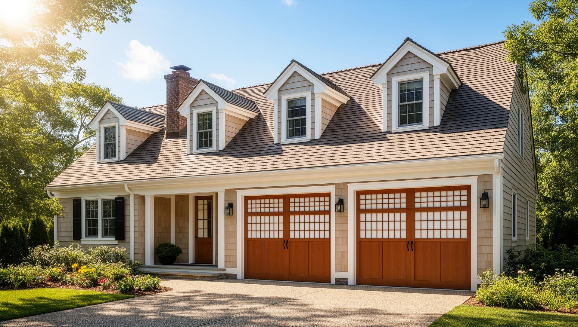 Beautiful Cape Cod home with premium Asian-inspired garage doors featuring shoji screen panels